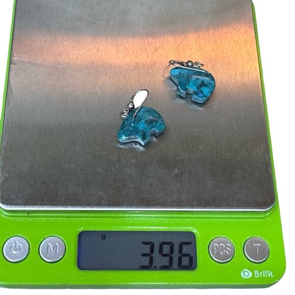 Vintage Carved Bear Fetish Sterling Silver 925 Turquoise Bear Earrings Dangle - Picture 7 of 7
